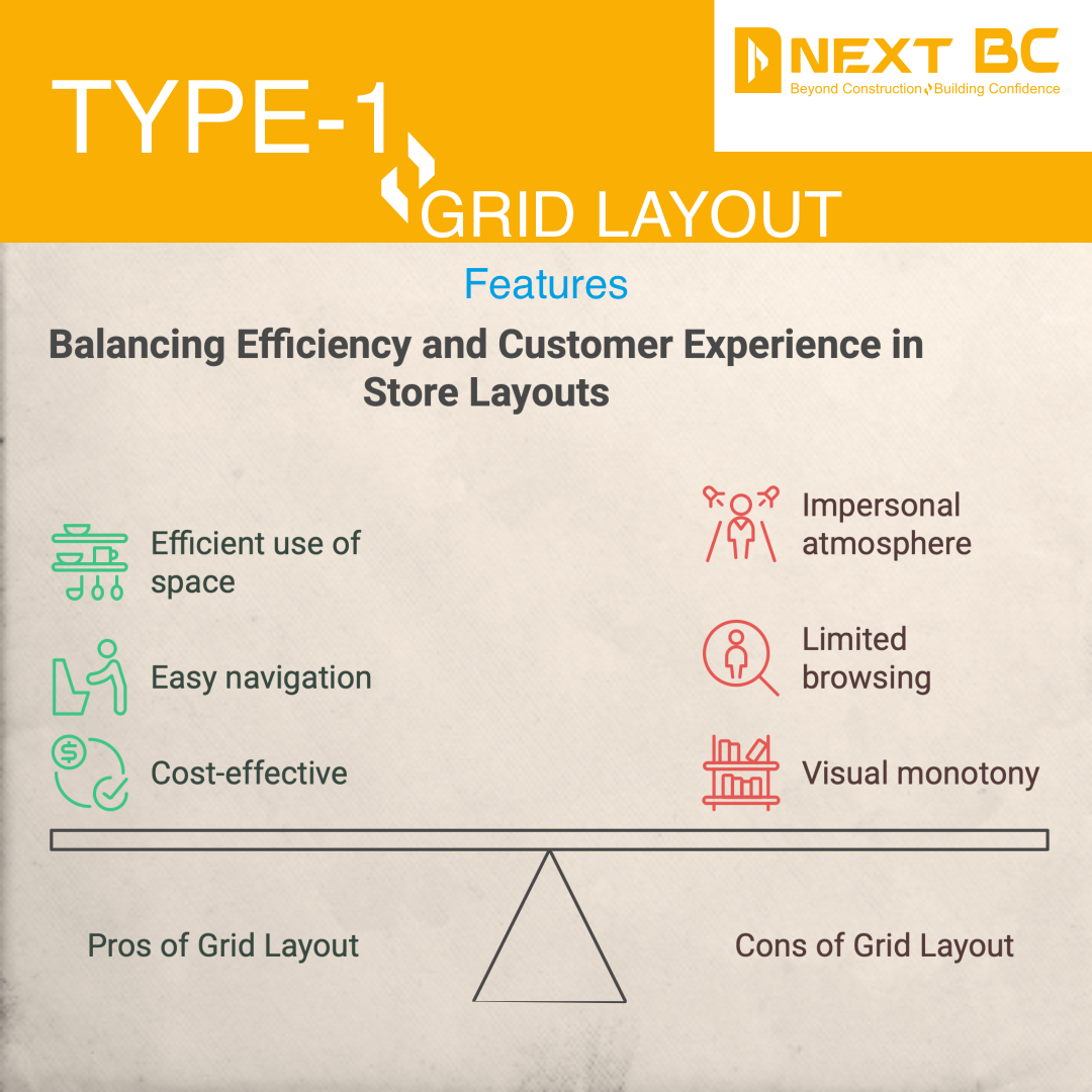 Grid layout example showing parallel aisles used in supermarkets and grocery stores
